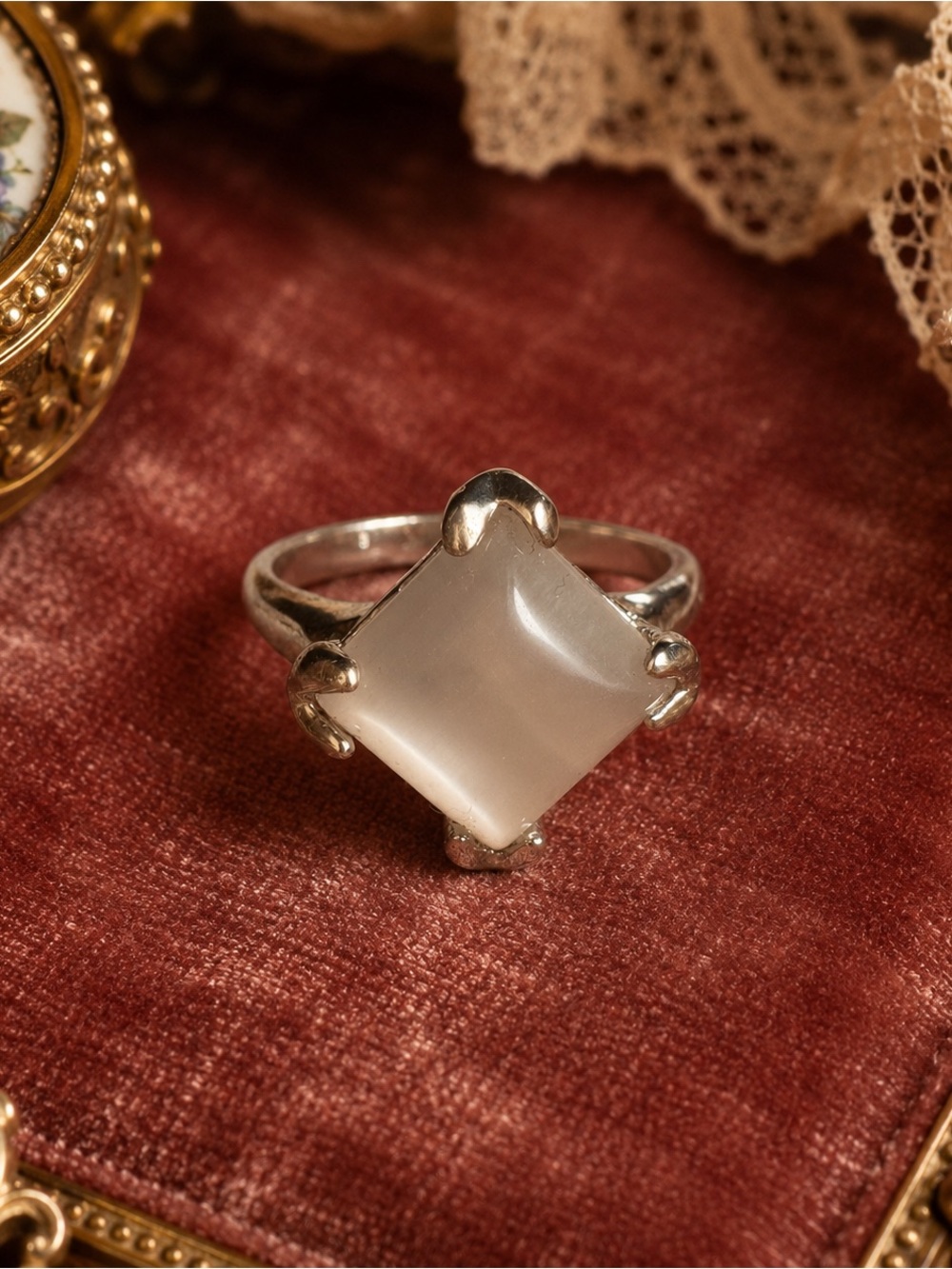 Vintage Silver Cats Eye Ring Square White Cabochon Modernist Size 9 Statement